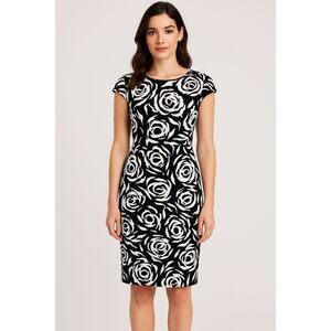Liz Claiborne Dress 4 Black White Bold Geometric Floral Sheath Puff Cap Sleeves